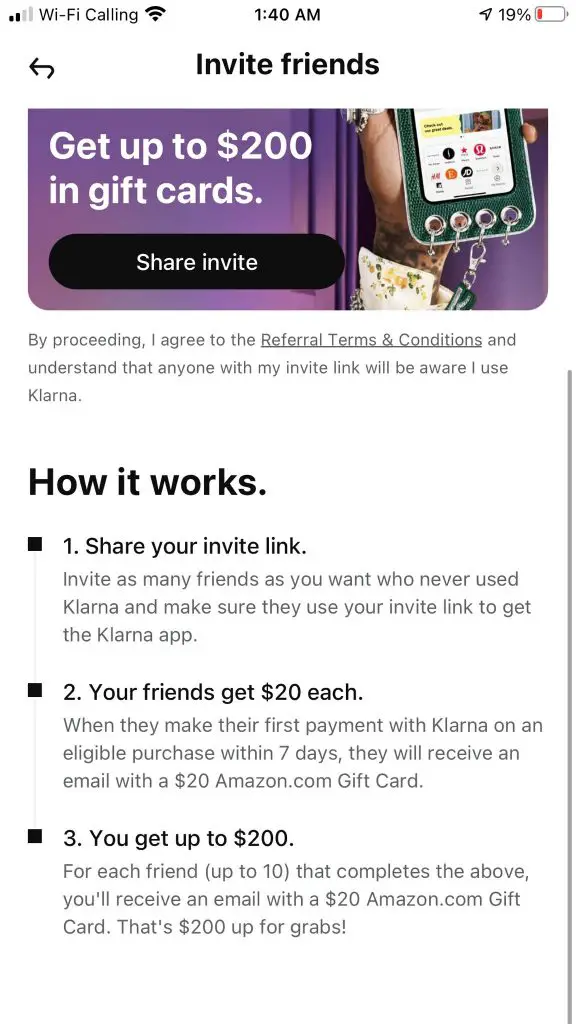 klarna app referral bonus