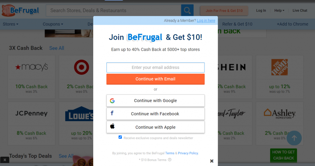 Befrugal sign-up $10 Claim.