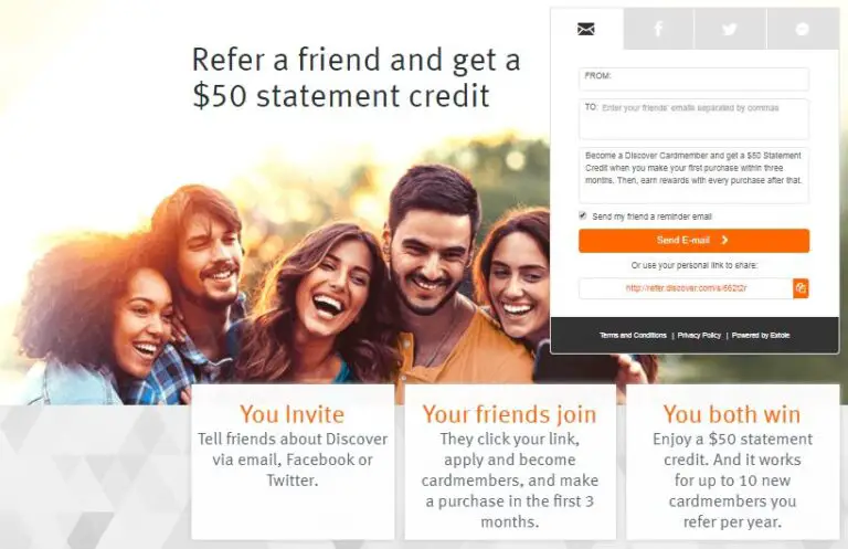 friends hugging and taking selfie by sharing discover referral link
